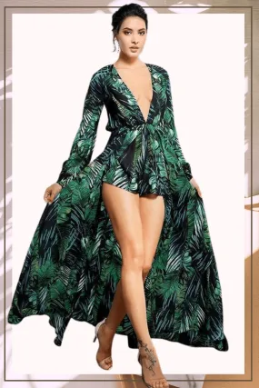 Jennifer Jungle Leaf Print Chiffon Bodysuit Dress