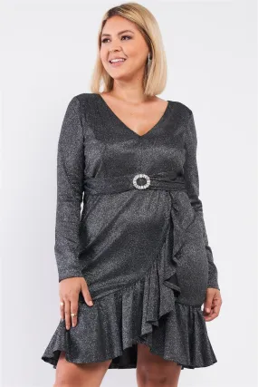 Junior Plus Black Silver Long Sleeve V-neck Asymmetrical Wrap Flare Hem Belt Detail Oval Rhinestone Buckle Mini Dress /1-1-1