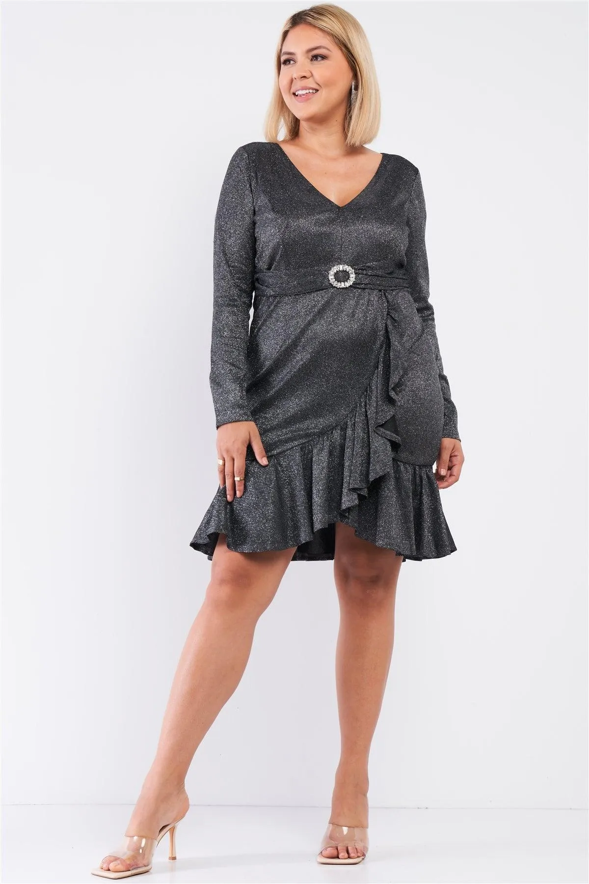 Junior Plus Black Silver Long Sleeve V-neck Asymmetrical Wrap Flare Hem Belt Detail Oval Rhinestone Buckle Mini Dress /1-1-1