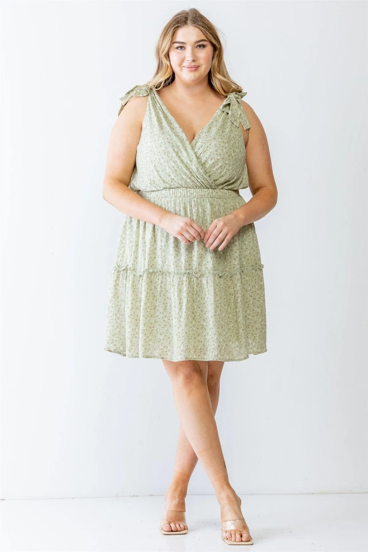 Junior Plus Light Green & Ivory Floral Print Wrap V-Neck Self-Tie Strappy Flare Hem Mini Dress /3-2-1