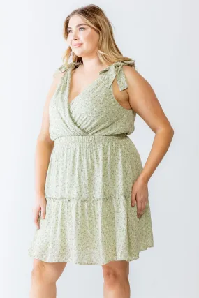 Junior Plus Light Green & Ivory Floral Print Wrap V-Neck Self-Tie Strappy Flare Hem Mini Dress /3-2-1