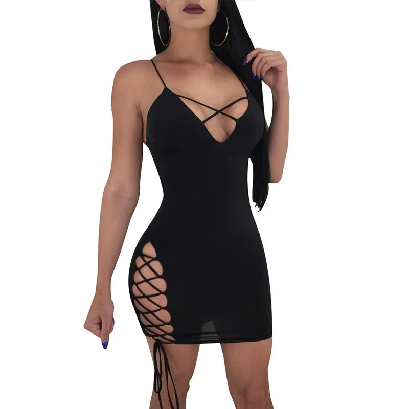 Lace-Up Side Bodycon Mini Dress #Black