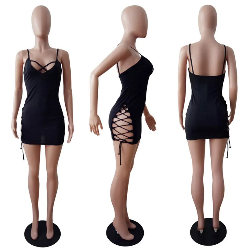 Lace-Up Side Bodycon Mini Dress #Black