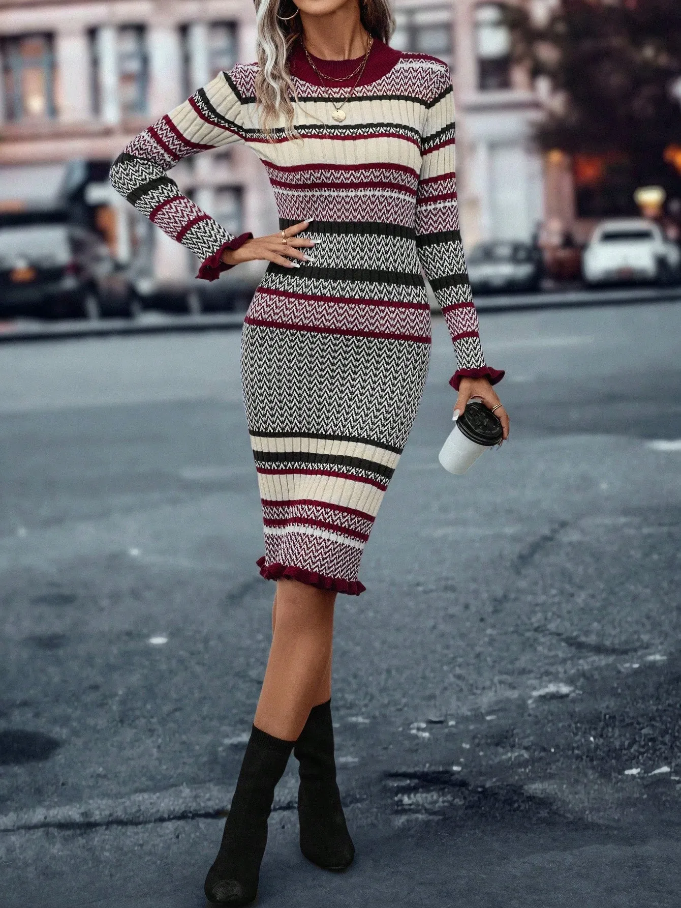 LUNE Striped Pattern Sweater Bodycon Dress