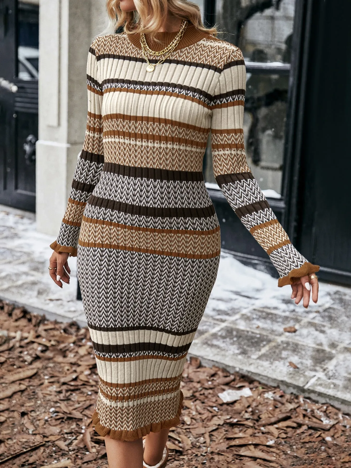 LUNE Striped Pattern Sweater Bodycon Dress