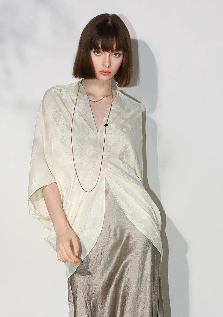 Luxe Women's Asymmetrical Jacquard Knit Top, Silky and Soft Batwing Sleeve Draped Loose Fit Top