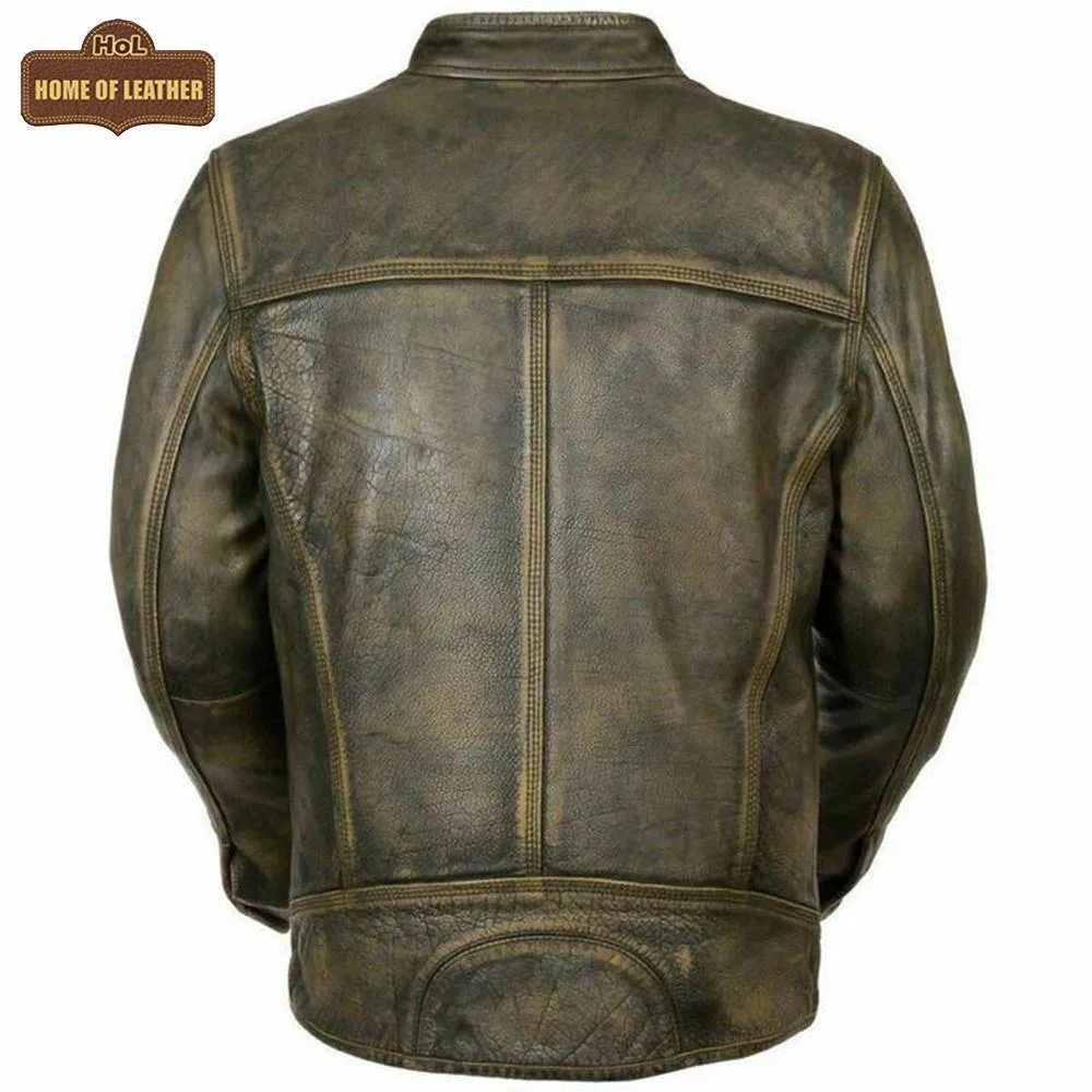 M048 Vintage Style Motorcycle Distressed Wax Biker Racer Jacket