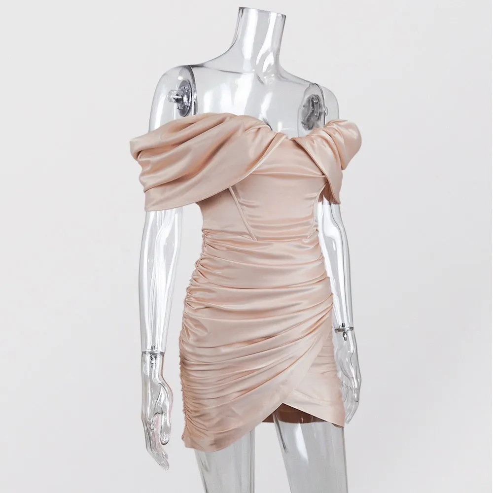 Melanie - Pink Off The Shoulder Satin Dress