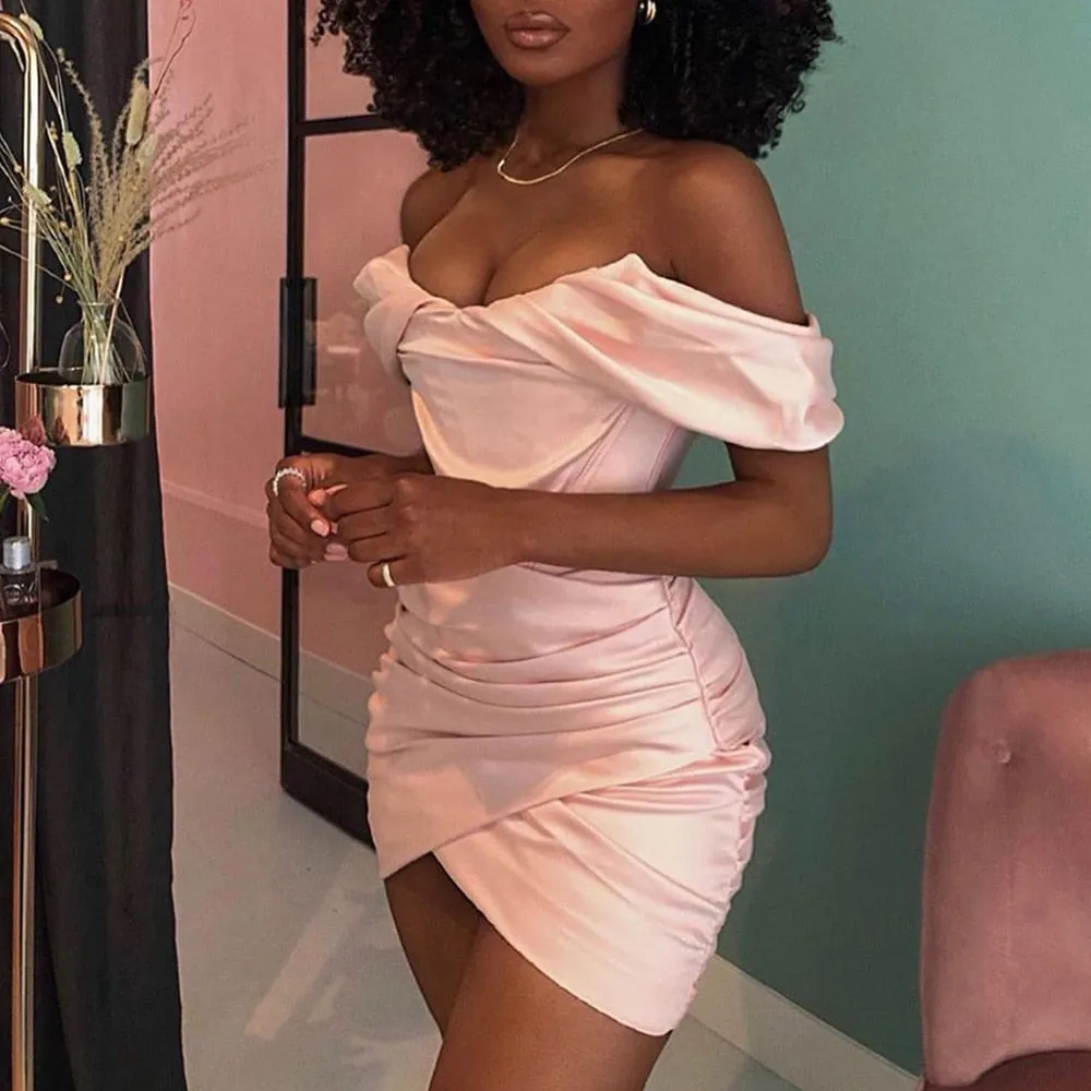 Melanie - Pink Off The Shoulder Satin Dress