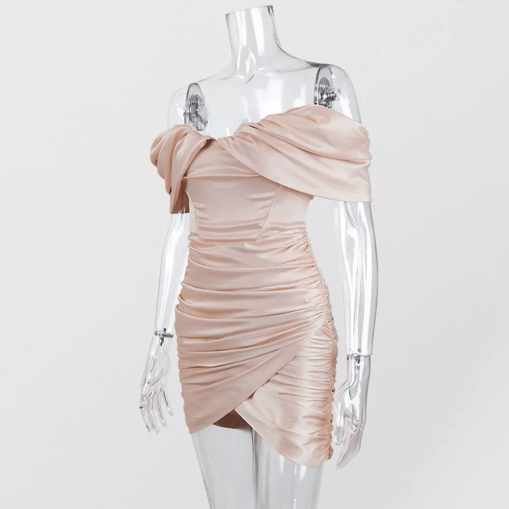 Melanie - Pink Off The Shoulder Satin Dress