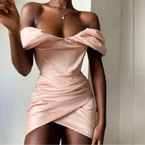 Melanie - Pink Off The Shoulder Satin Dress