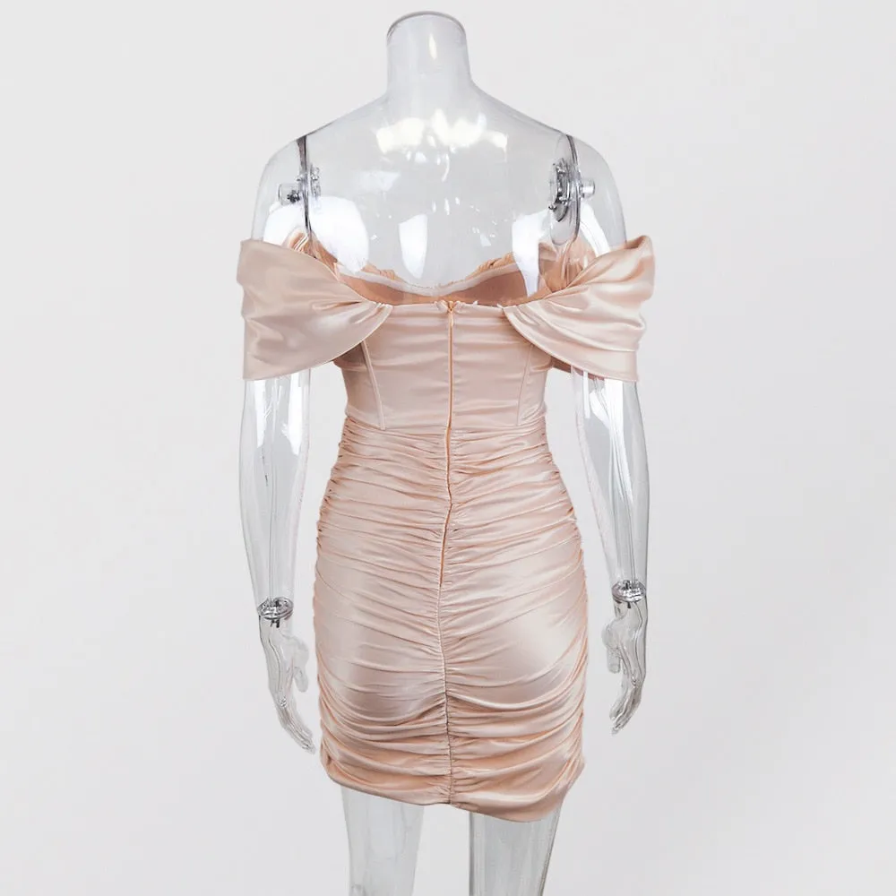 Melanie - Pink Off The Shoulder Satin Dress