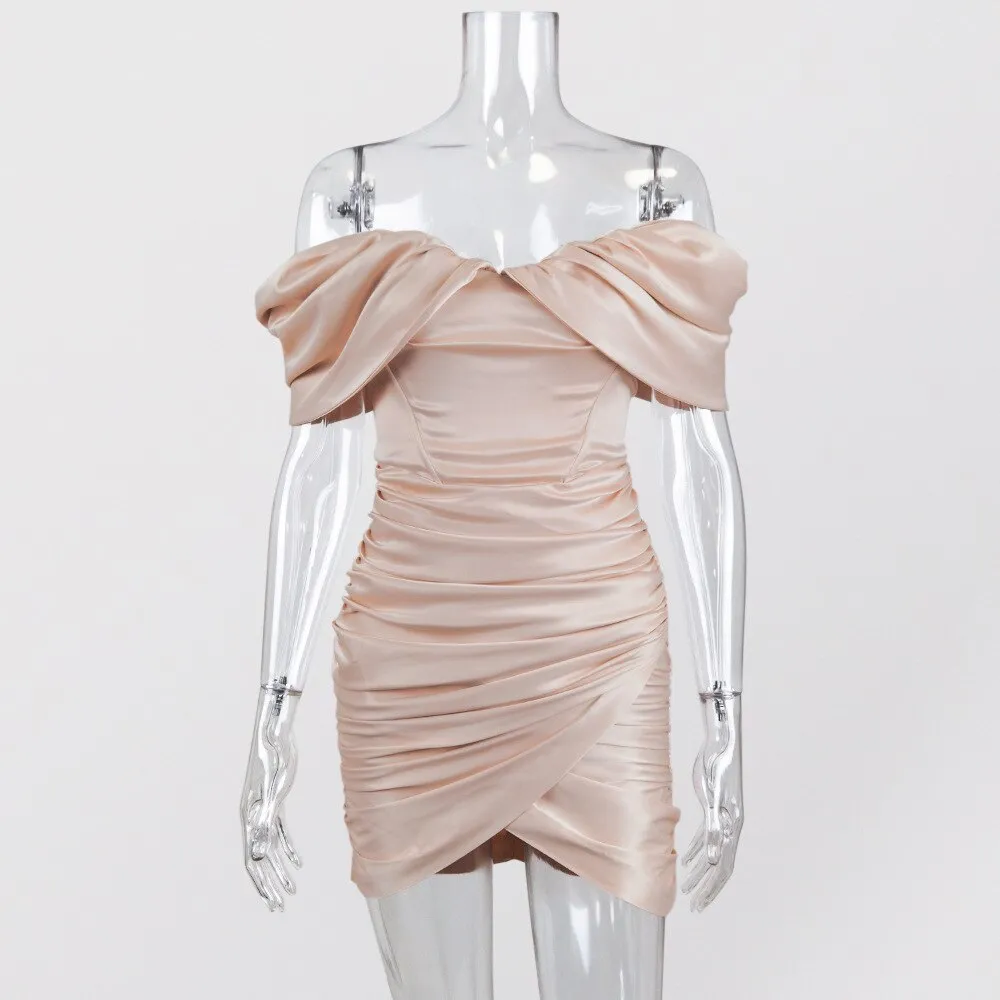 Melanie - Pink Off The Shoulder Satin Dress