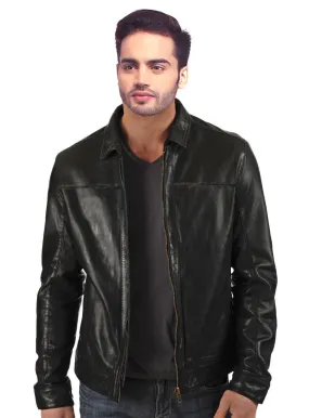 Men Washed Waxed Casual Leather Jacket with Classic Fit