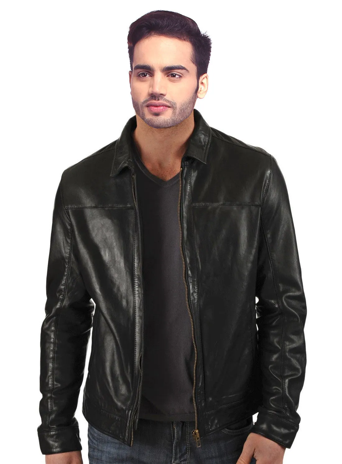 Men Washed Waxed Casual Leather Jacket with Classic Fit