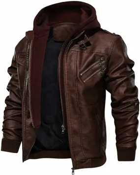 Men's Casual Stand Collar Lambskin Leather Zip-Up Biker Fashion Bomber Jacket Detachable Hood