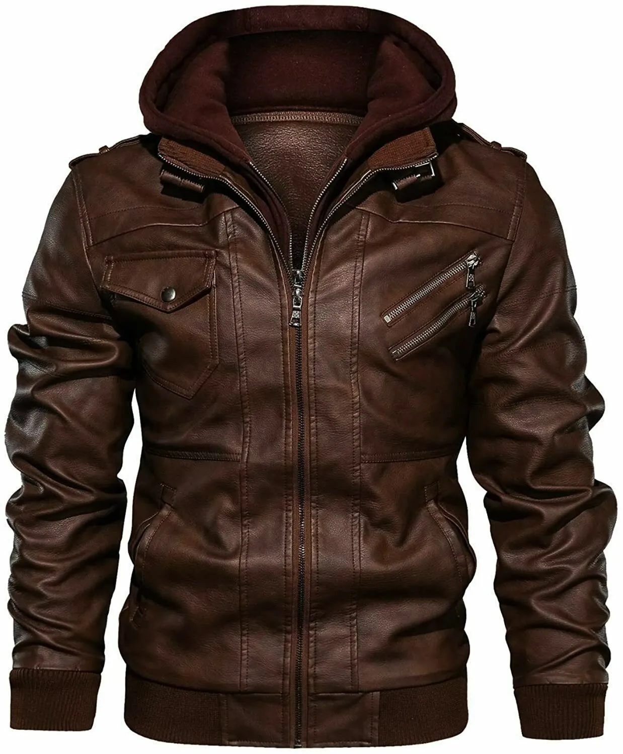 Men's Casual Stand Collar Lambskin Leather Zip-Up Biker Fashion Bomber Jacket Detachable Hood