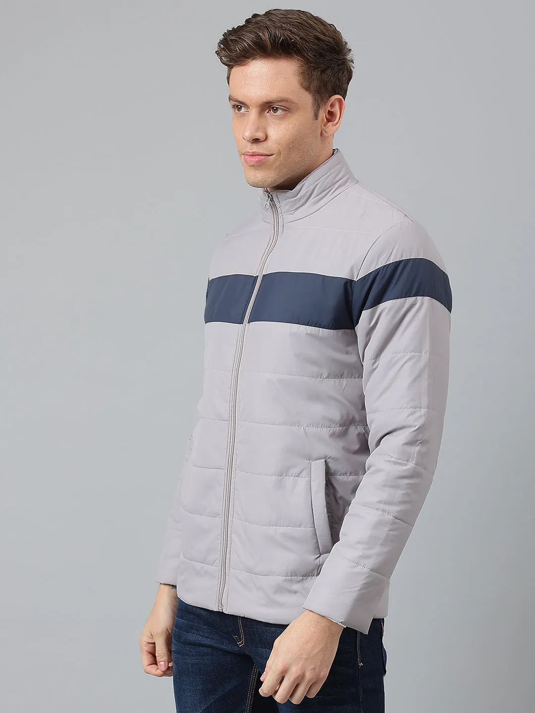 Men's Grey Regular Fit Winterwear Colorblock Puffer Jacket