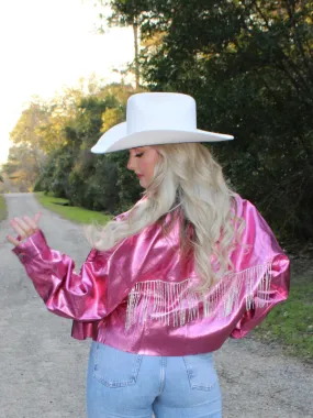 Metallic Jacket with Rhinestone Fringe, Pink