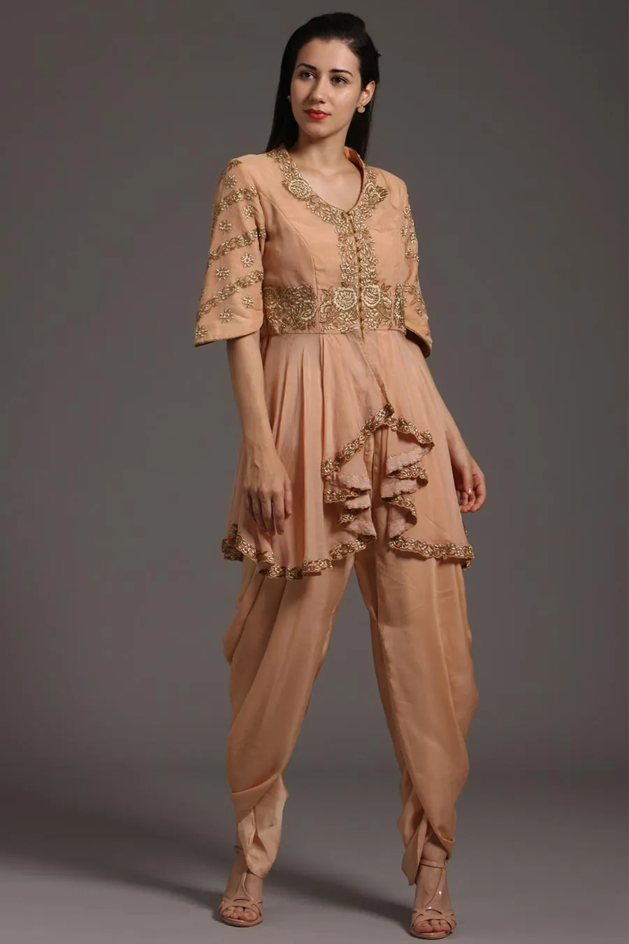 Peach Embroidered Peplum & Dhoti Set