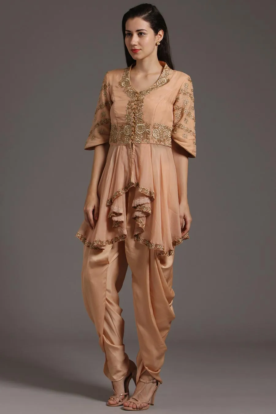 Peach Embroidered Peplum & Dhoti Set