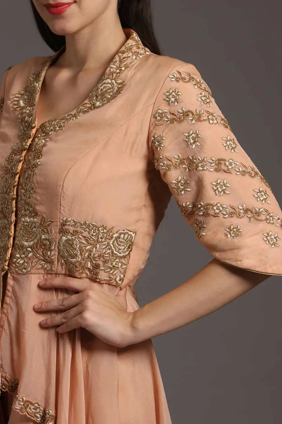 Peach Embroidered Peplum & Dhoti Set