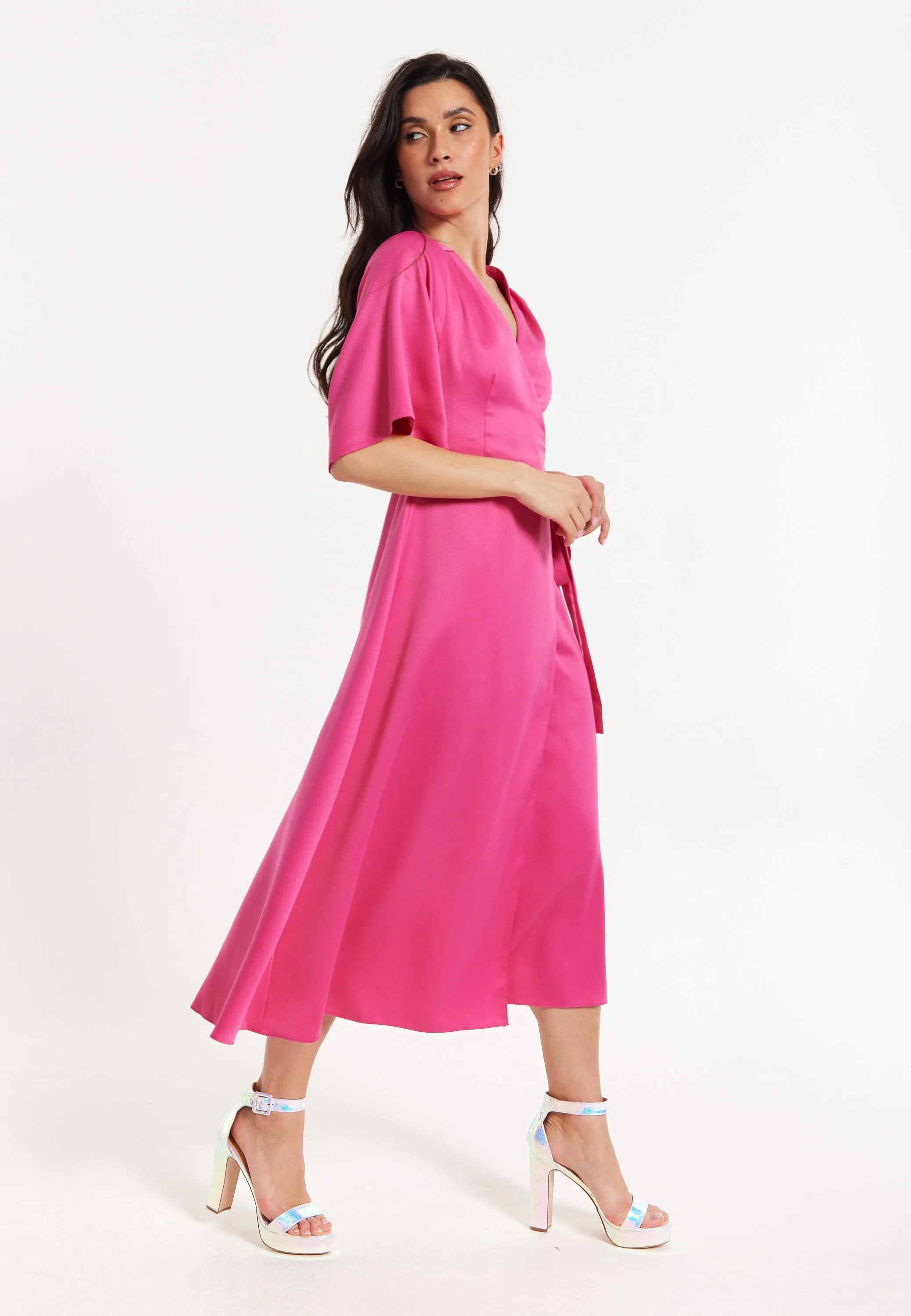 Pink Satin Kimono Sleeve Maxi Wrap Dress