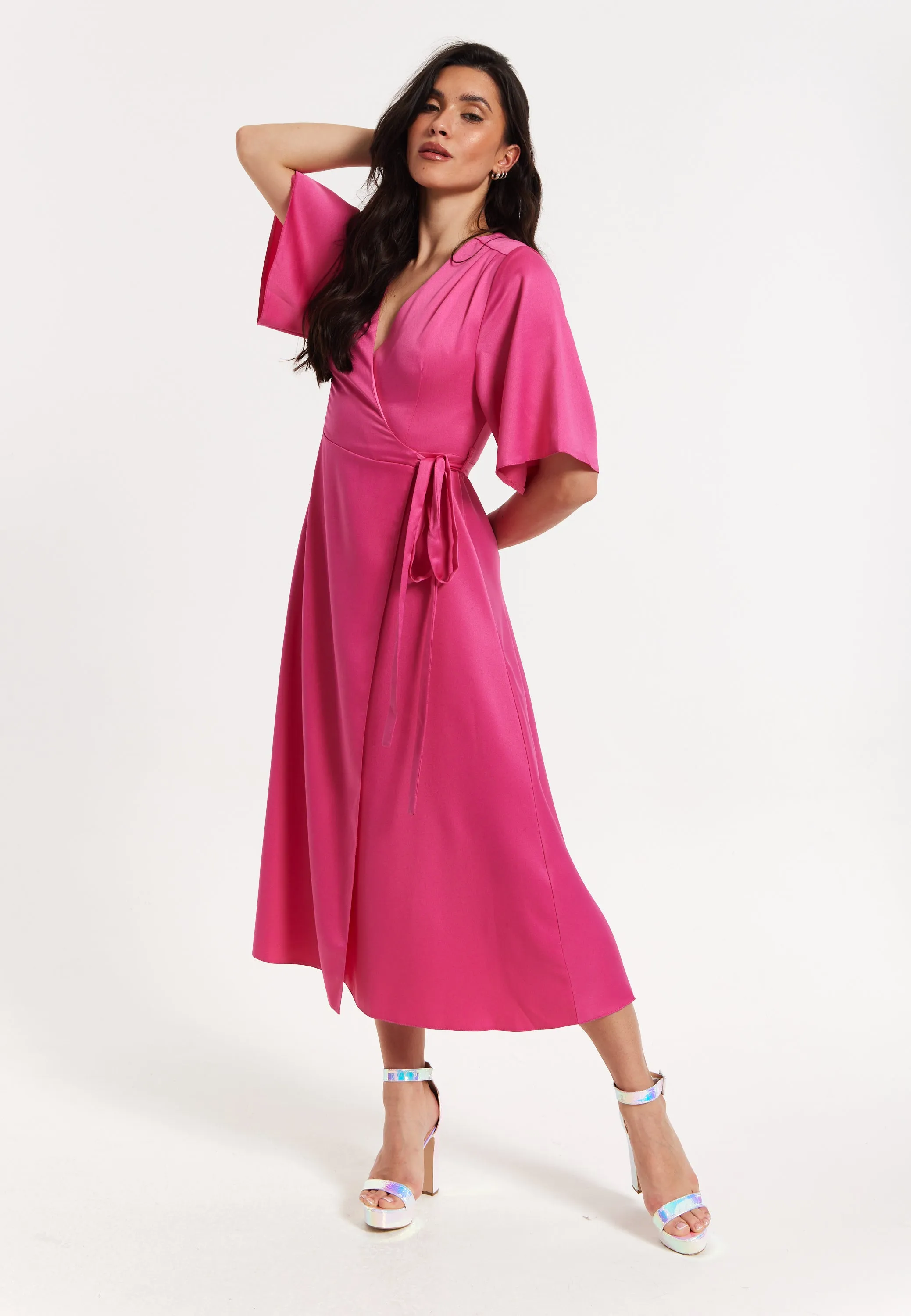 Pink Satin Kimono Sleeve Maxi Wrap Dress