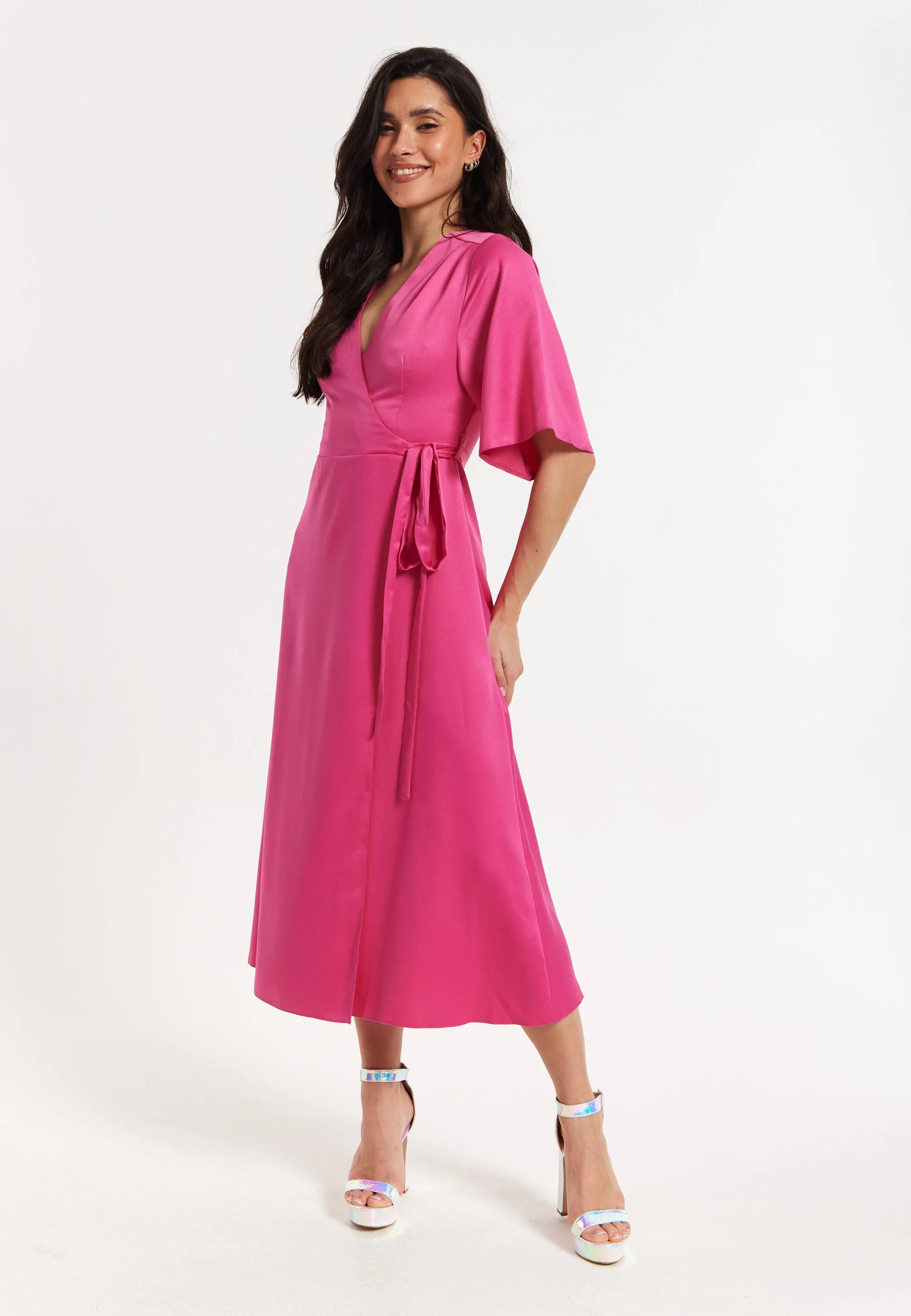 Pink Satin Kimono Sleeve Maxi Wrap Dress