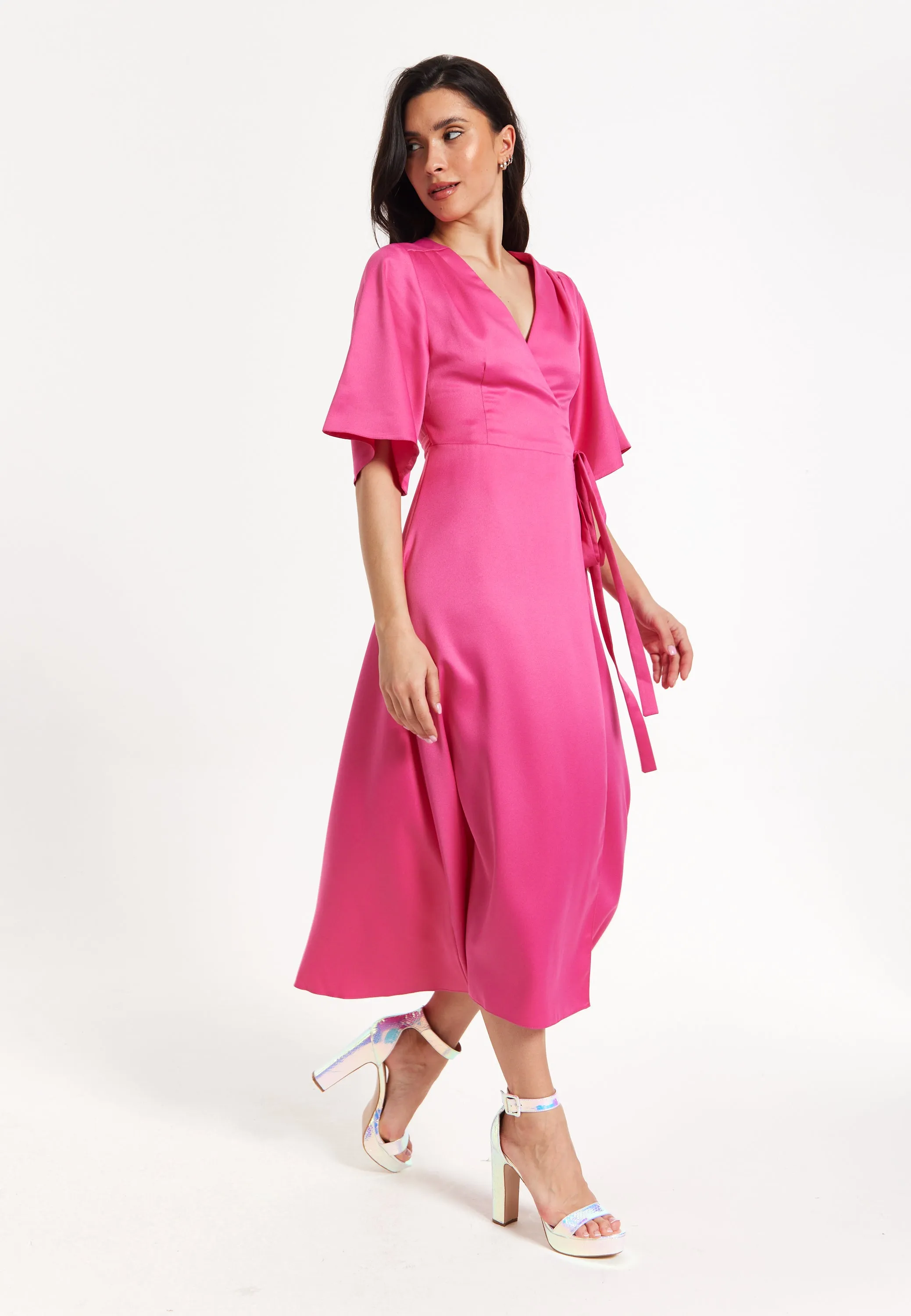 Pink Satin Kimono Sleeve Maxi Wrap Dress