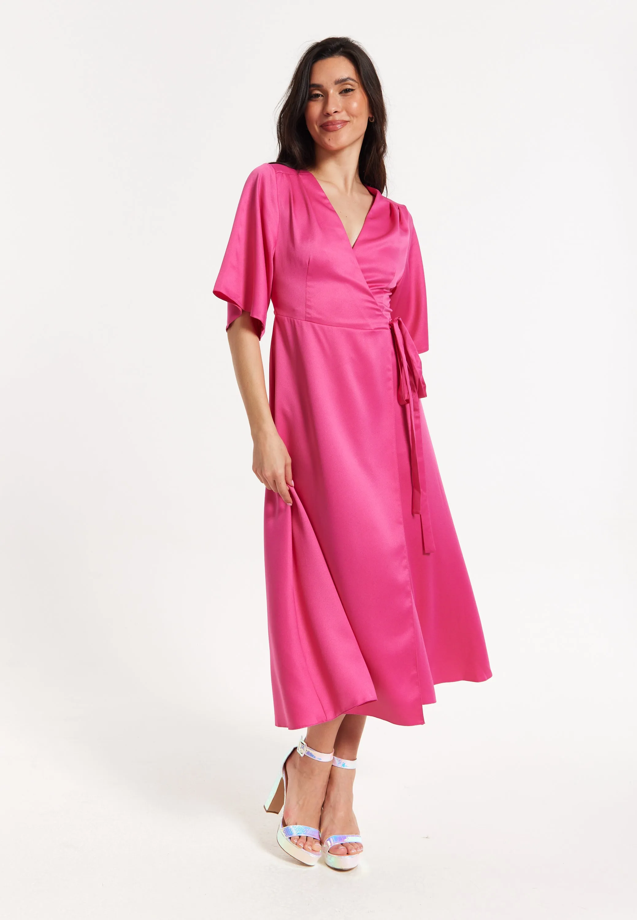 Pink Satin Kimono Sleeve Maxi Wrap Dress