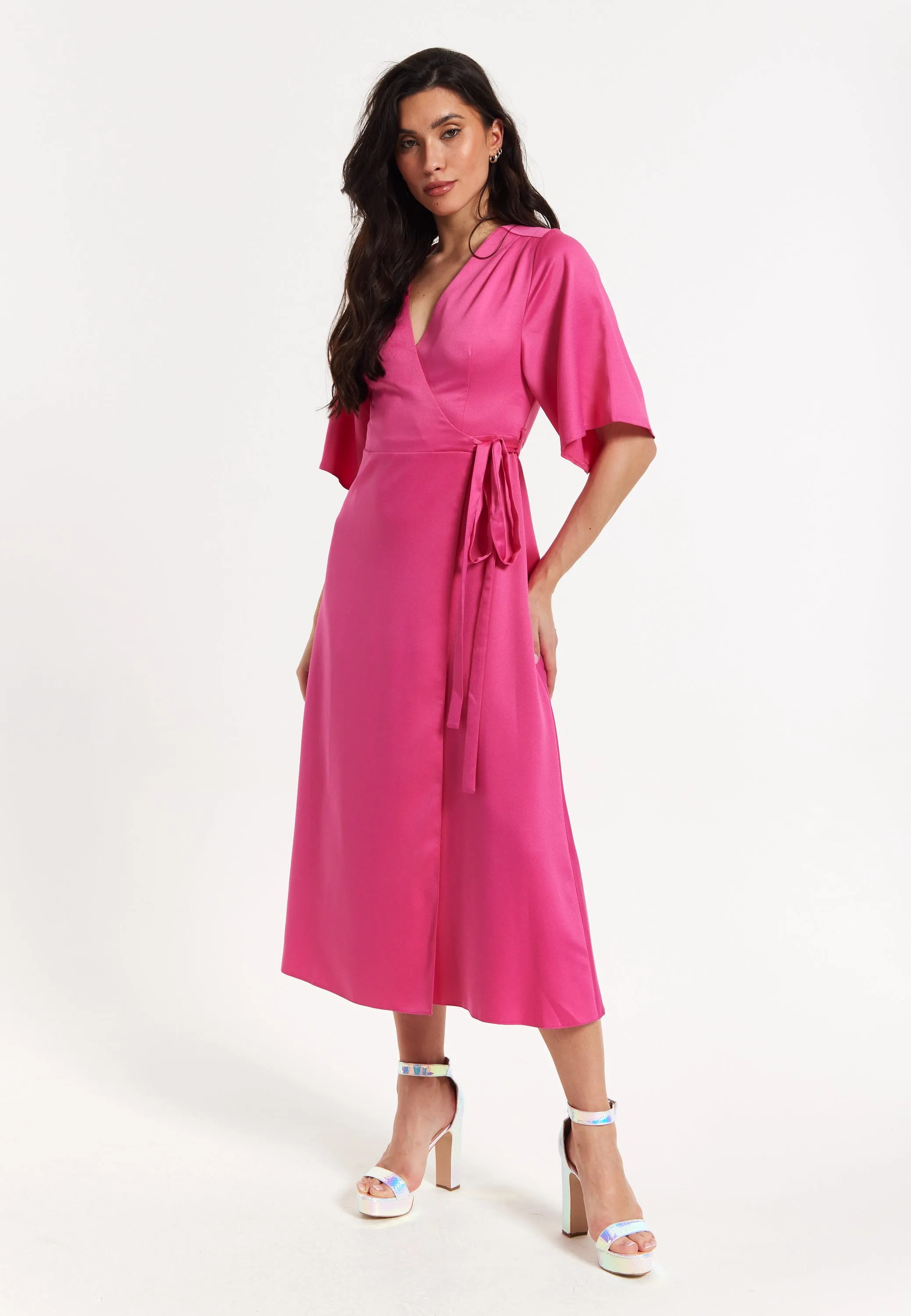 Pink Satin Kimono Sleeve Maxi Wrap Dress