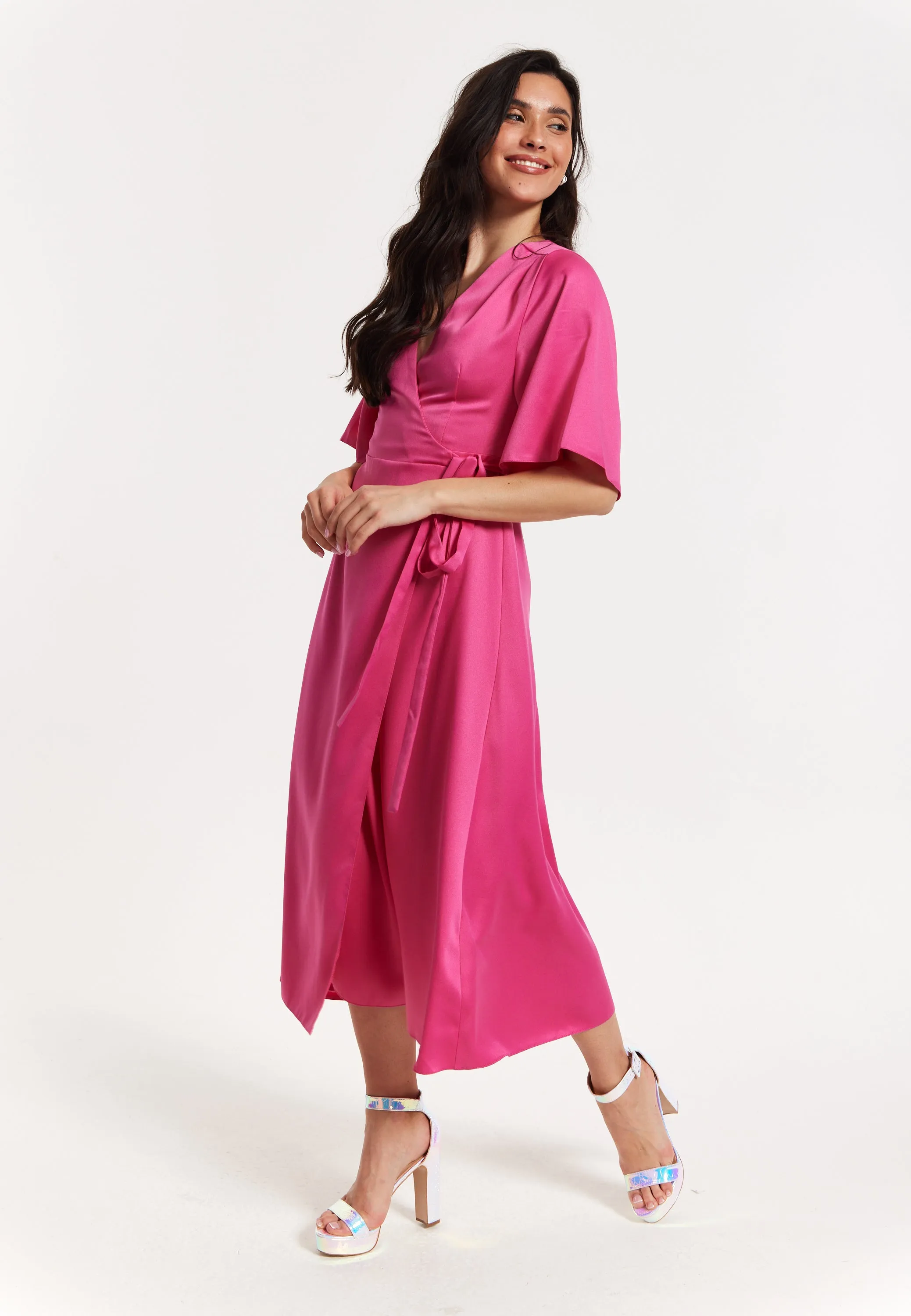 Pink Satin Kimono Sleeve Maxi Wrap Dress