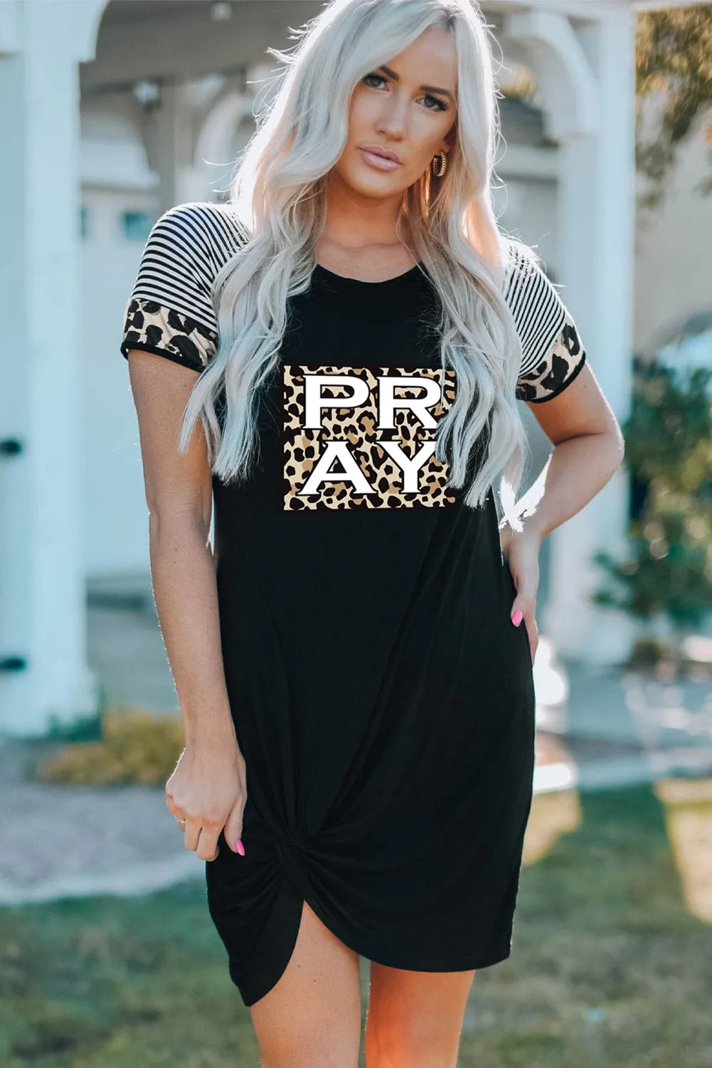 Pray Leopard Color Block Spliced Short Sleeve Side Knot Mini Dress