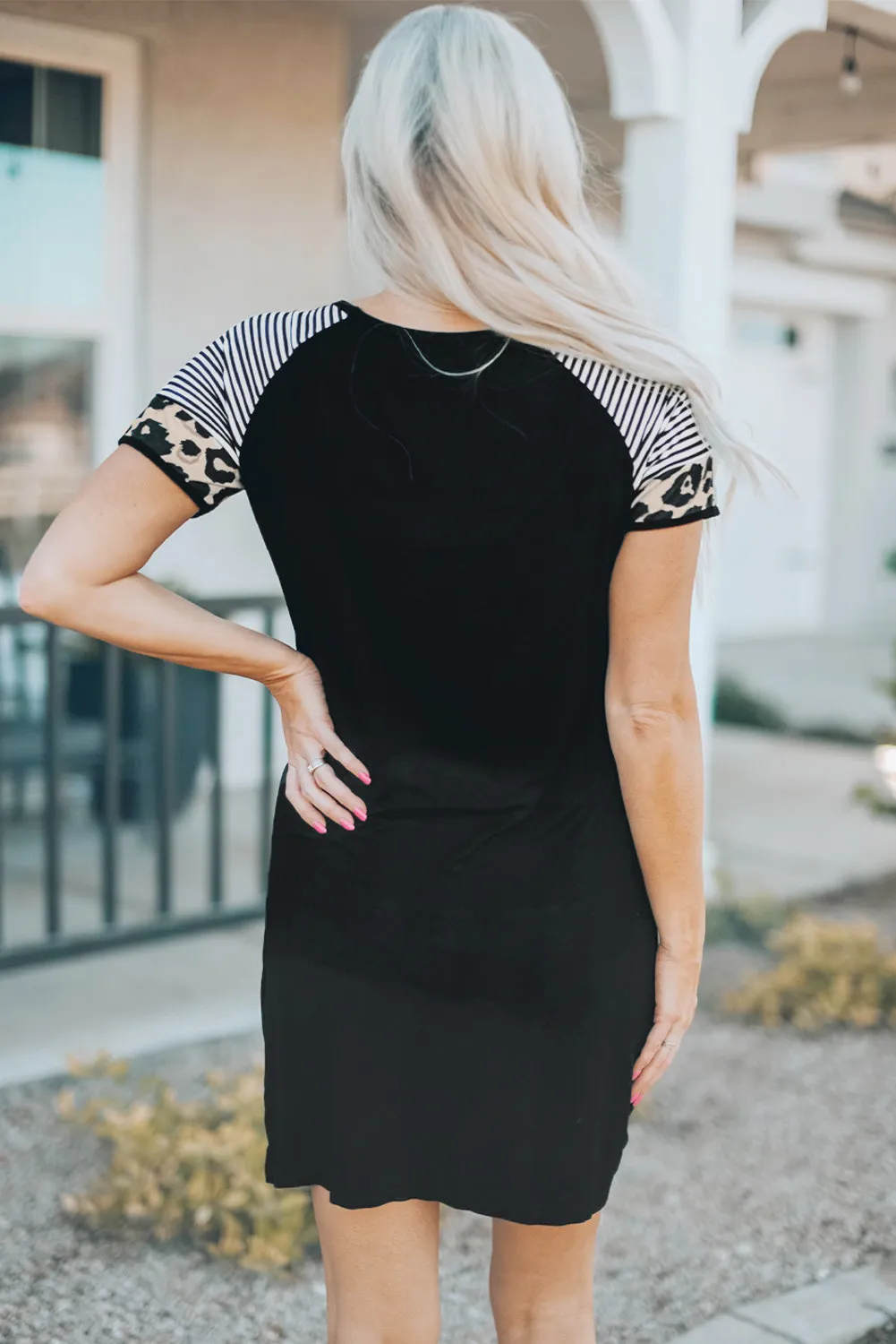 Pray Leopard Color Block Spliced Short Sleeve Side Knot Mini Dress