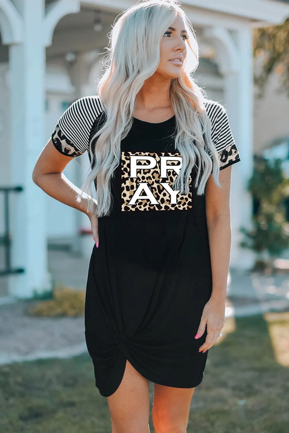 Pray Leopard Color Block Spliced Short Sleeve Side Knot Mini Dress