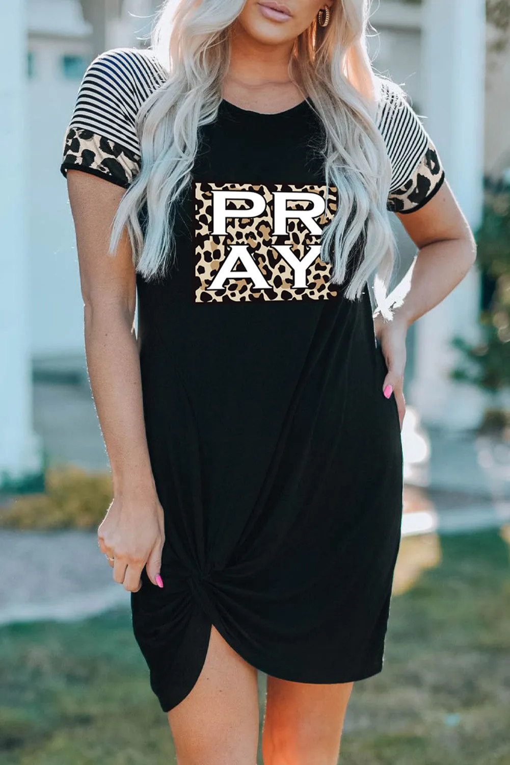 Pray Leopard Color Block Spliced Short Sleeve Side Knot Mini Dress