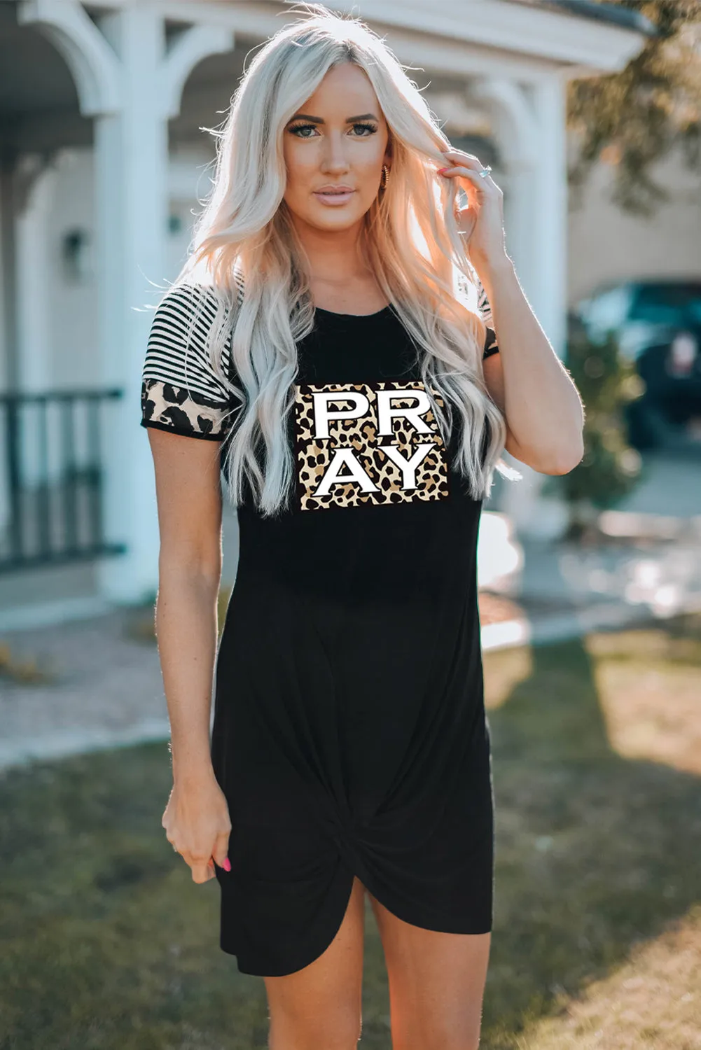 Pray Leopard Color Block Spliced Short Sleeve Side Knot Mini Dress