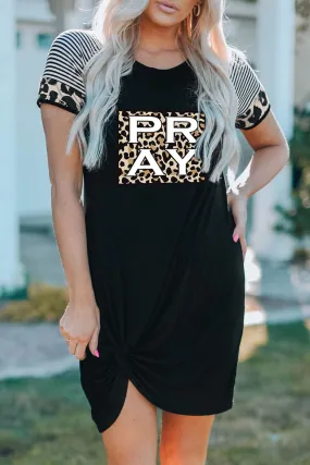 Pray Leopard Color Block Spliced Short Sleeve Side Knot Mini Dress