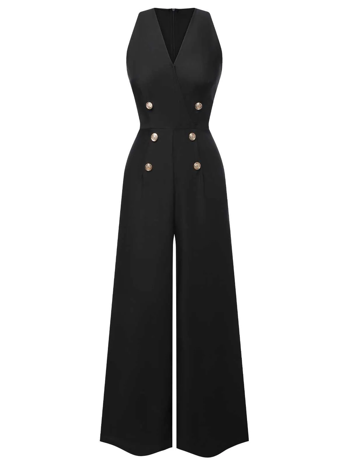 [Pre-Sale] Blue 1950s Sleeveless Buttoned Solid Jumpsuit