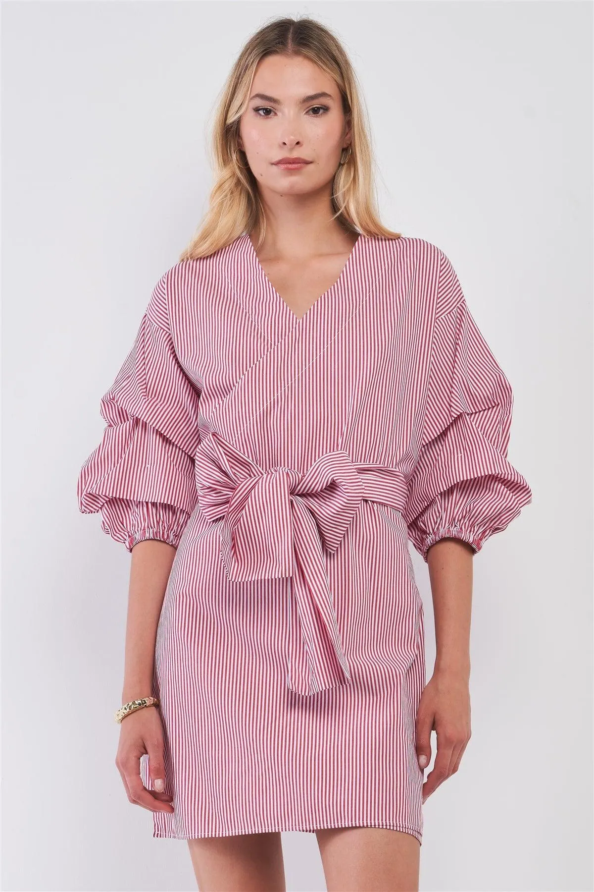 Red & White Striped Balloon Midi Sleeve V-Neck Self-Tie Wrap Mini Dress /1-1-1-1