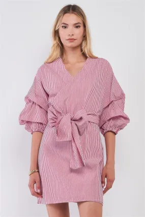 Red & White Striped Balloon Midi Sleeve V-Neck Self-Tie Wrap Mini Dress /1-1-1-1