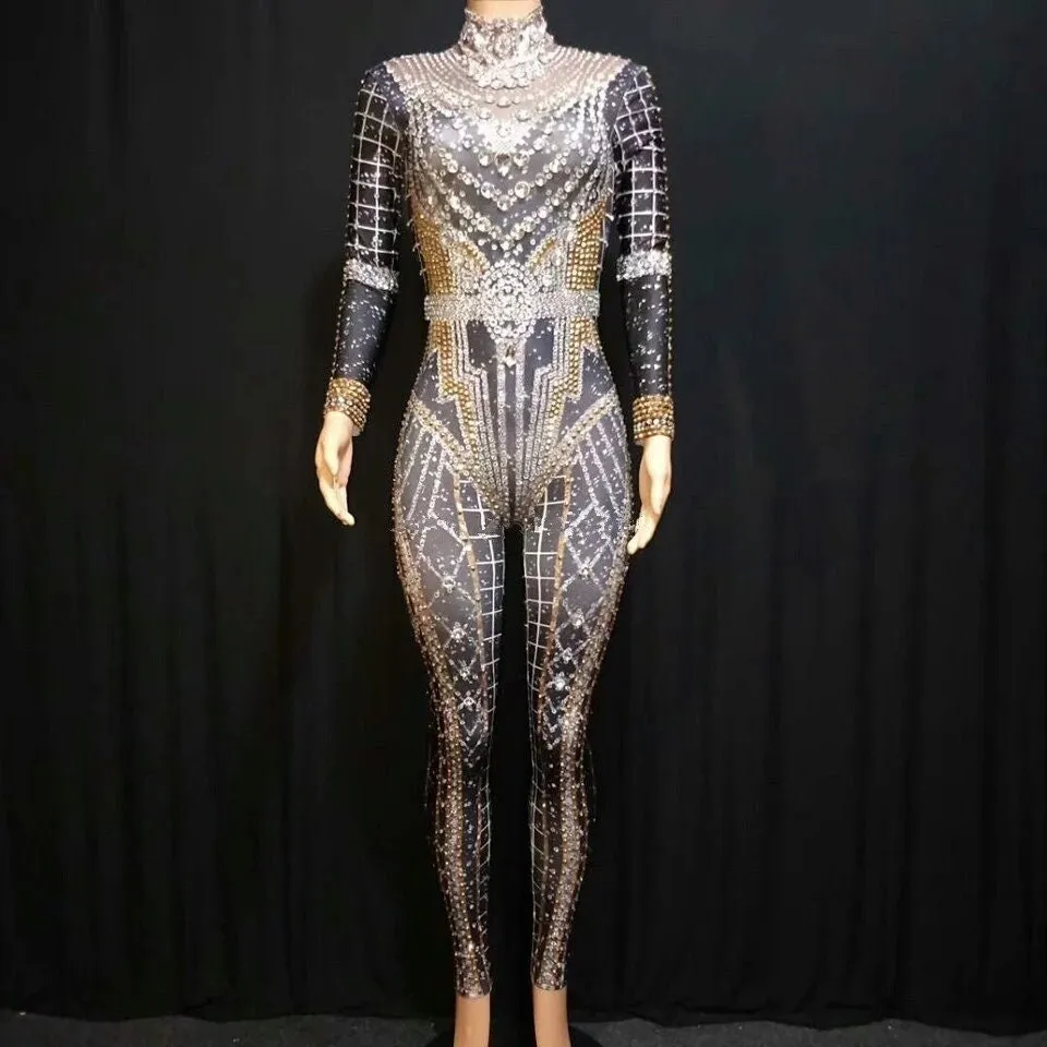Rhinestone Jumpsuit Full Crystal Jumpsuit Venus Catsuit Leotard Costume Festival Party Outfit