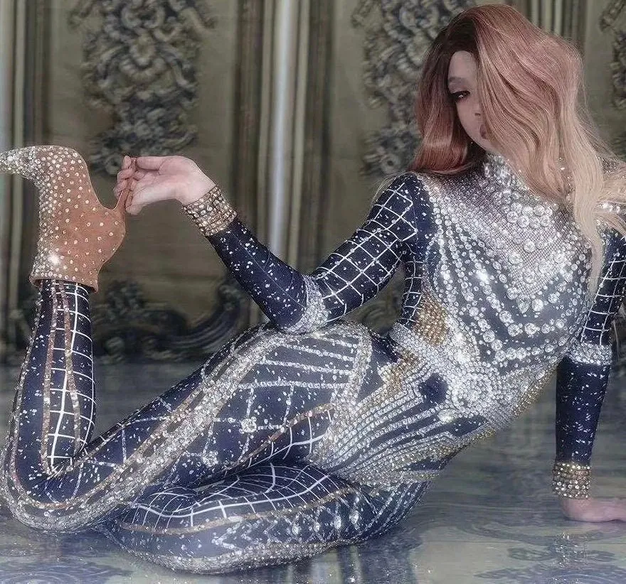 Rhinestone Jumpsuit Full Crystal Jumpsuit Venus Catsuit Leotard Costume Festival Party Outfit