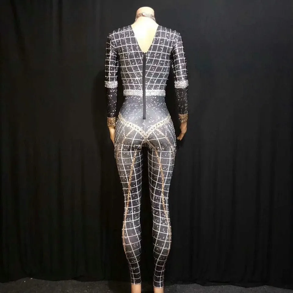 Rhinestone Jumpsuit Full Crystal Jumpsuit Venus Catsuit Leotard Costume Festival Party Outfit