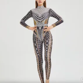 Rhinestone Jumpsuit Full Crystal Jumpsuit Venus Catsuit Leotard Costume Festival Party Outfit