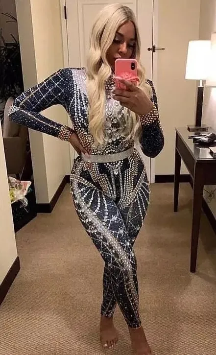 Rhinestone Jumpsuit Full Crystal Jumpsuit Venus Catsuit Leotard Costume Festival Party Outfit