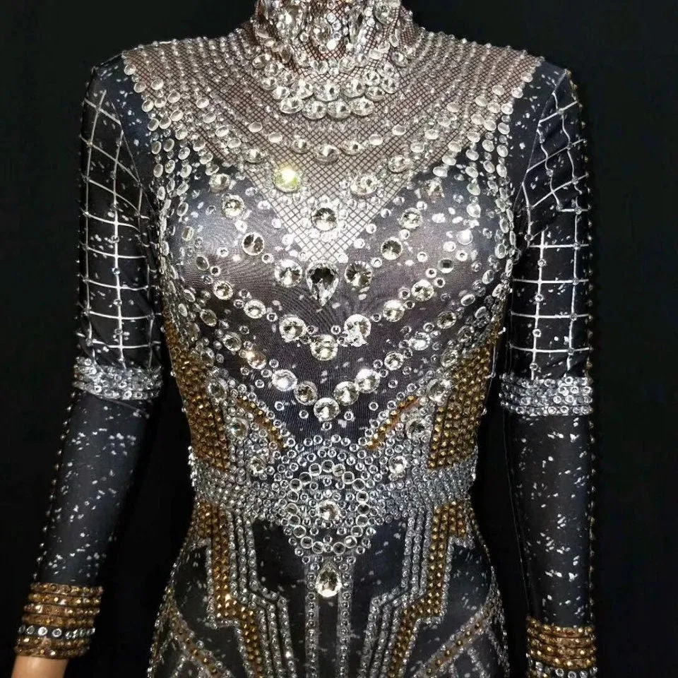 Rhinestone Jumpsuit Full Crystal Jumpsuit Venus Catsuit Leotard Costume Festival Party Outfit