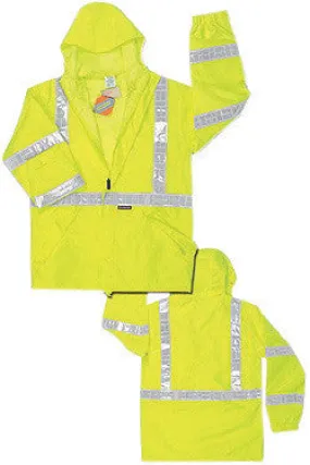 River City Garments Large Fluorescent Lime PRO Grade Polyester And Polyurethane Rain Jacket With Storm Flap Front Zipper Closure, Attached Drawstring Hood And White Reflective Stripe