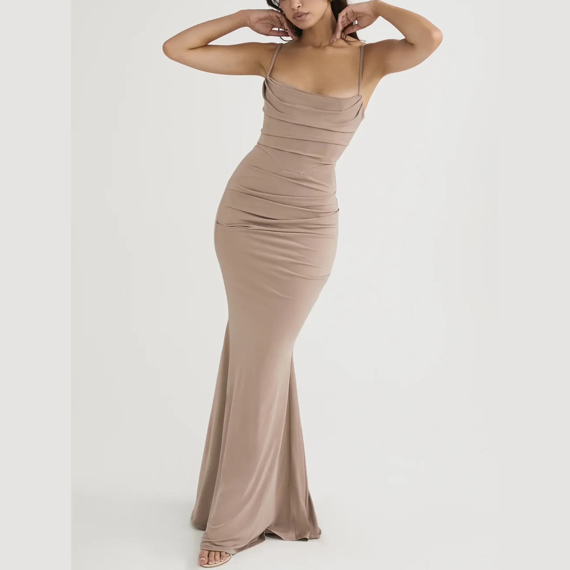 Romy - Beige Draped Corset Maxi Dress